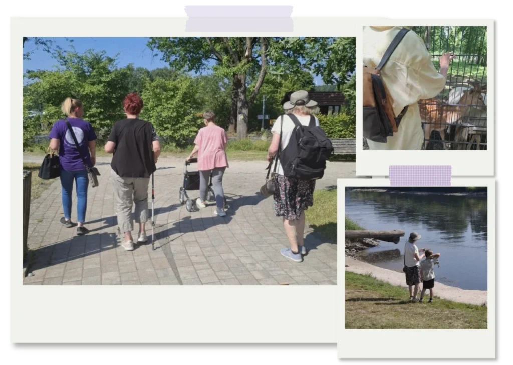 Collage eines gemeinsamen Ausflugs der Herzenshelfer mit Spaziergang, Tierbegegnung und Zeit am Wasser